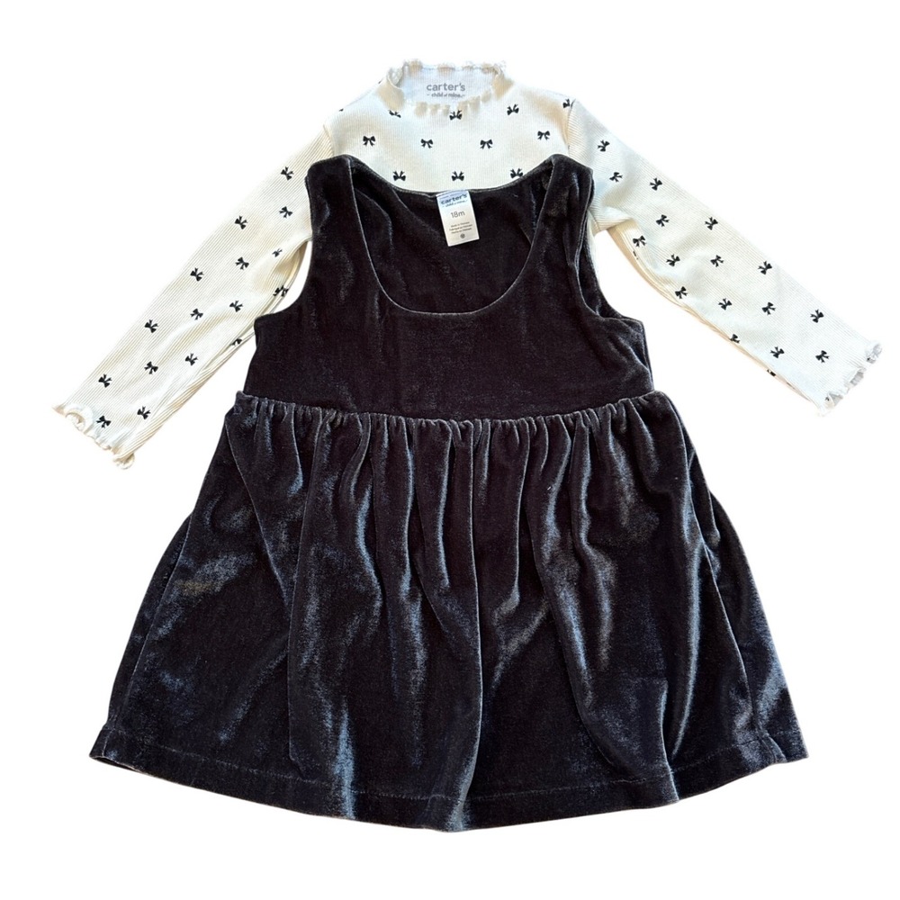 Carter's Jumper Set Kids Black Excellent Velvet Bow Print Mock Neck SIZE 18M